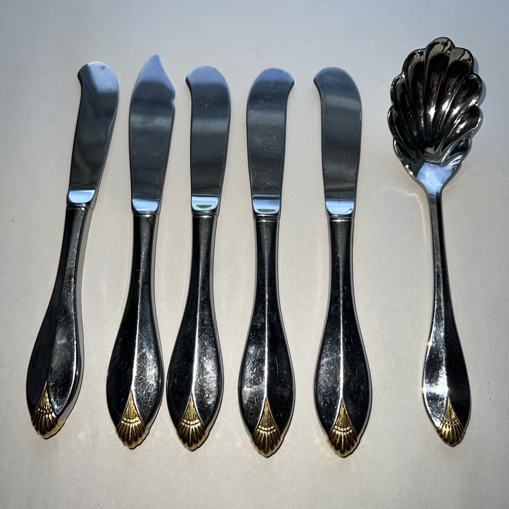 Oneida Stainless GOLDEN KINGSWOOD 5 Butter‎ Knives 1 Serving Spoon Cube Flatware